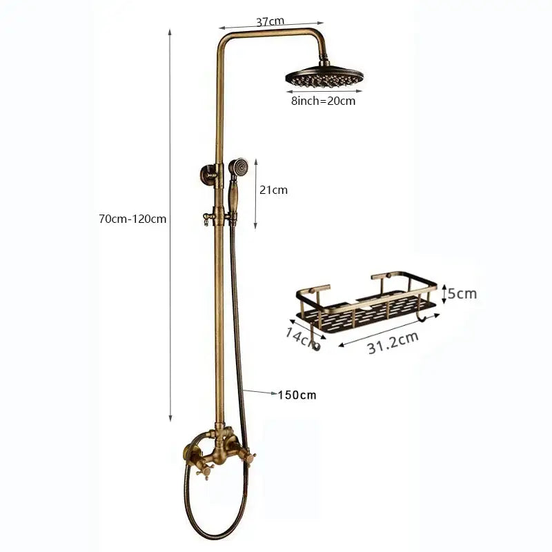 Brass-finished DecorBites™ shower faucet set with 37cm rainhead, handheld sprayer, and matching metal shelf