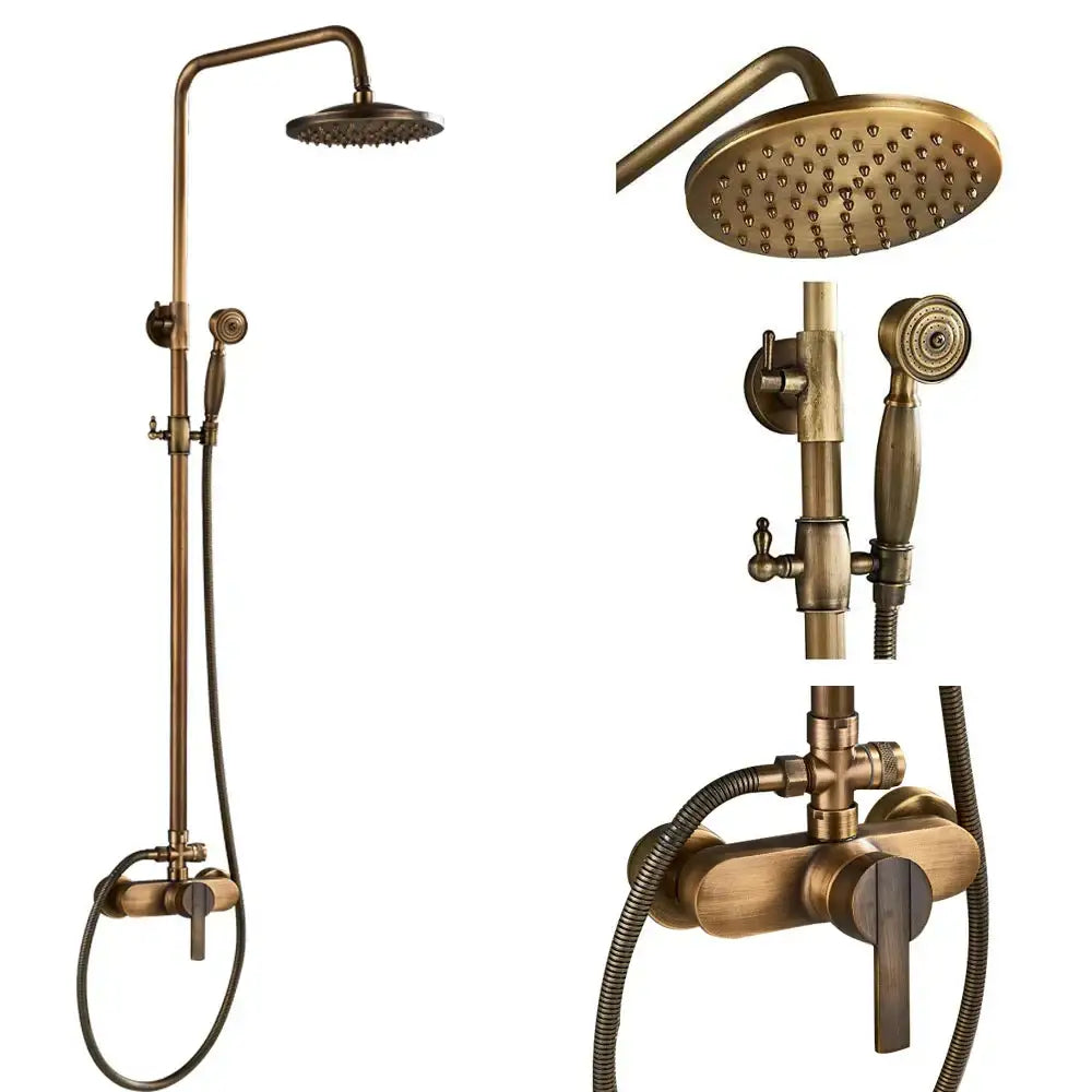 Antique brass shower faucet set with 8 inch rainfall head and handheld swivel spray by DecorBites
