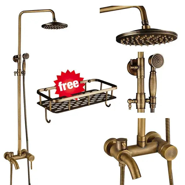 Decorbites antique brass shower faucet set with 8 inch rainfall head and swivel spray in vintage brass finish
