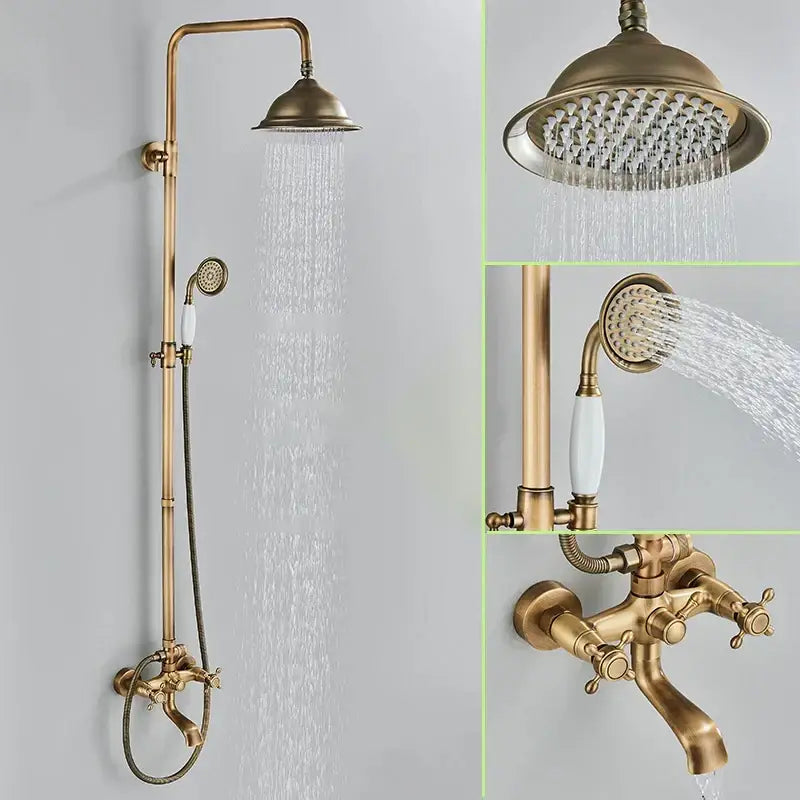 Decorbites antique brass shower faucet set with 8 inch rainfall head and ceramic handle handheld showerhead