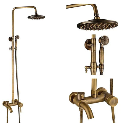 Brass-finished decorbites antique brass shower faucet set with 8 inch rainfall head and swivel spray nozzle