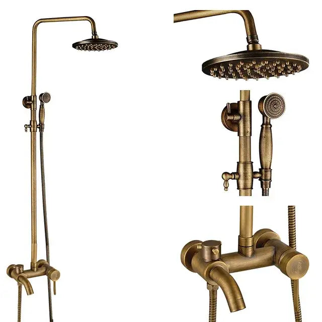 Brass-finished decorbites antique brass shower faucet set with 8 inch rainfall head and swivel spray nozzle