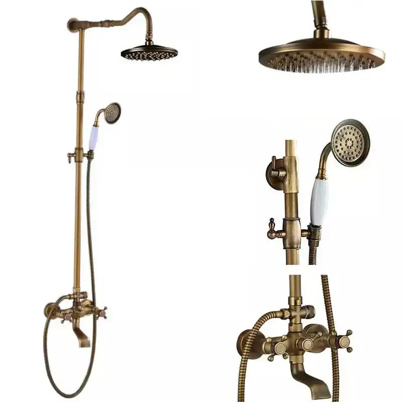 DecorBites antique brass shower faucet set with 8 inch rainfall head and handheld sprayer with white ceramic handles