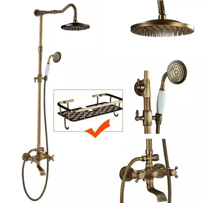 DecorBites antique brass shower faucet set with handheld sprayer, 8 inch rainfall head, and wall-mounted control valve
