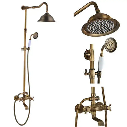 DecorBites antique brass shower faucet set with handheld spray and 8 inch rainfall head featuring ornate detailing