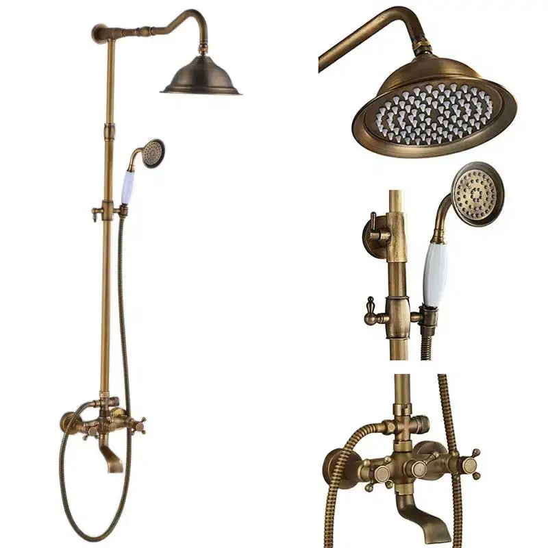 DecorBites antique brass shower faucet set with handheld spray and 8 inch rainfall head featuring ornate detailing