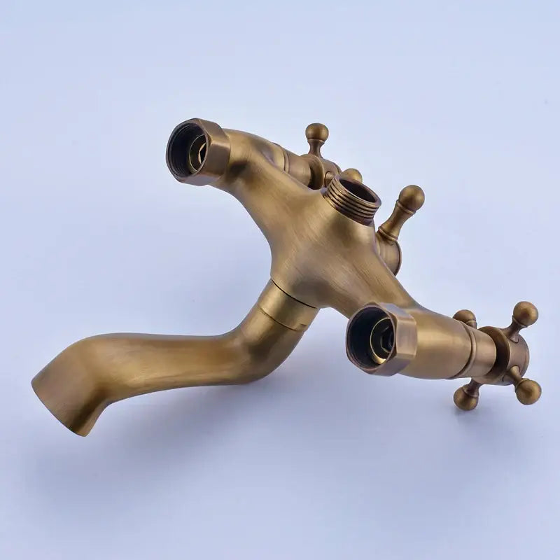 Decorbites antique brass shower faucet set with three-handle faucet set and curved spout with ornate cross handles
