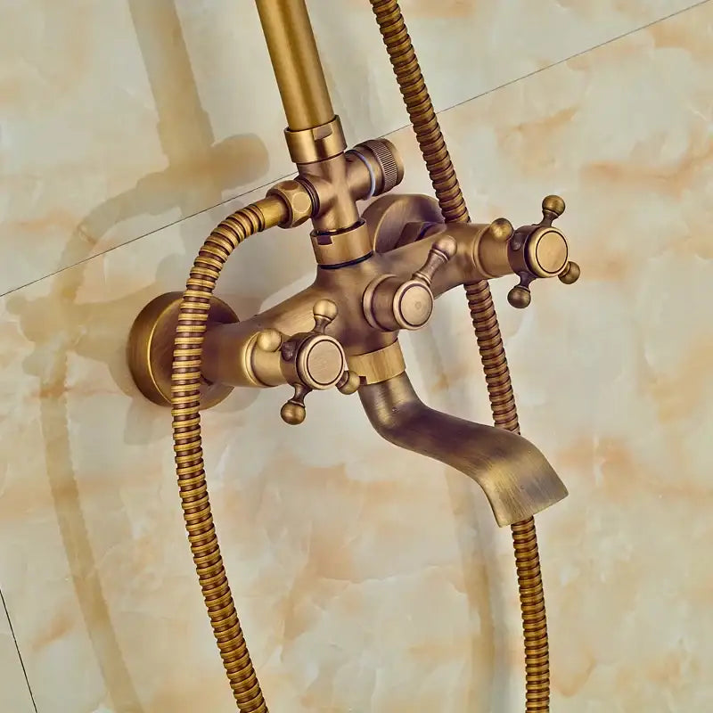 DecorBites™ antique brass shower faucet set with three cross handles and flexible braided hoses for rainfall shower use