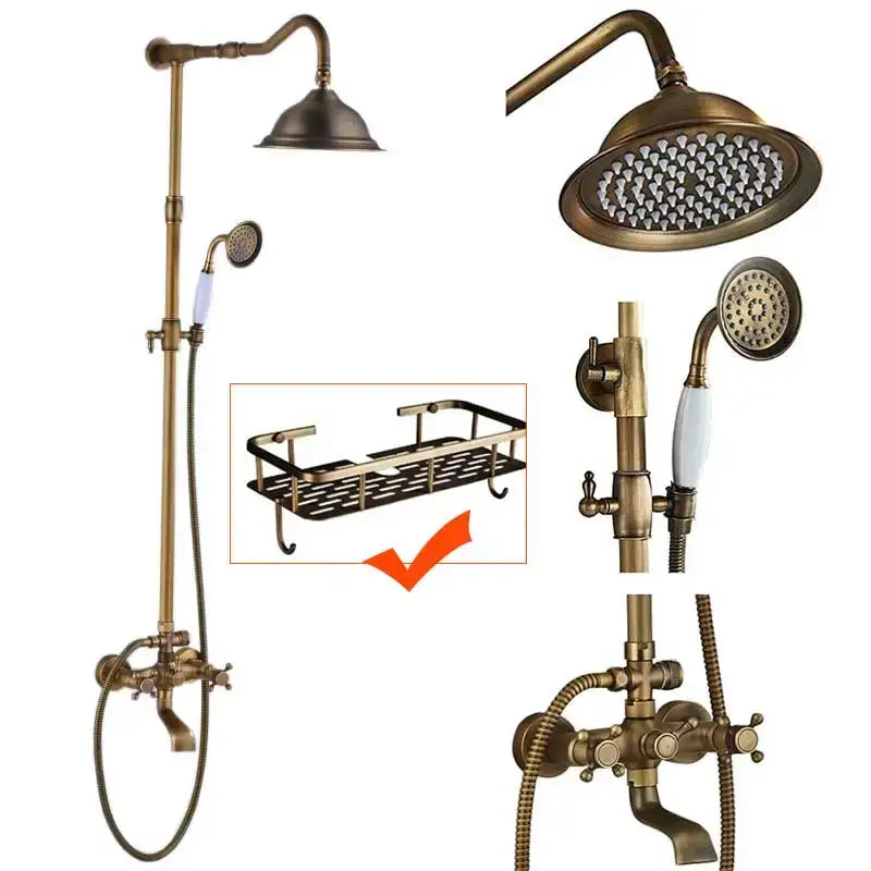 DecorBites antique brass shower faucet set with vintage finish includes 8 inch rainfall head and handheld sprayer
