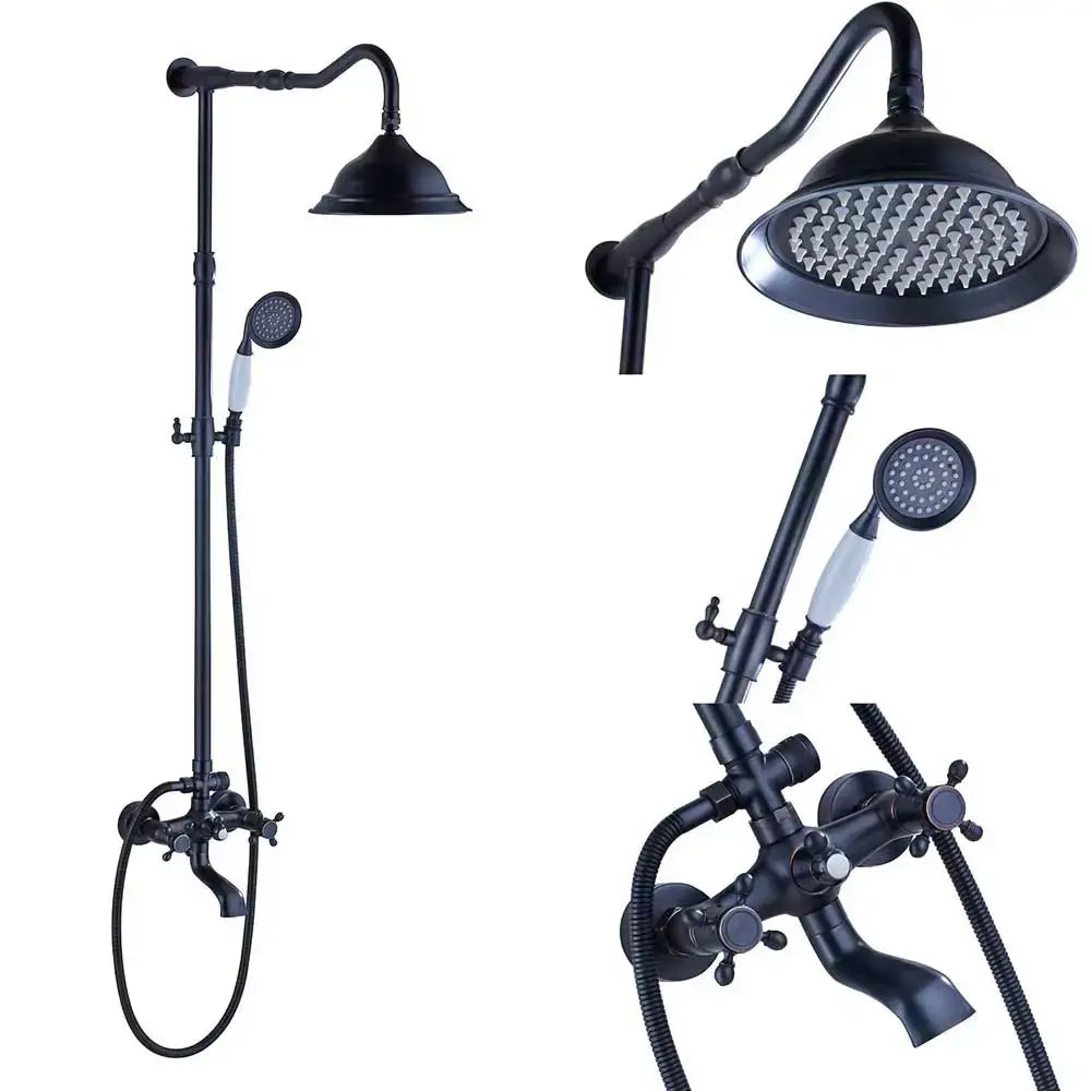 DecorBites antique brass shower faucet set with black matte finish, 8 inch rainfall head, and white ceramic handles