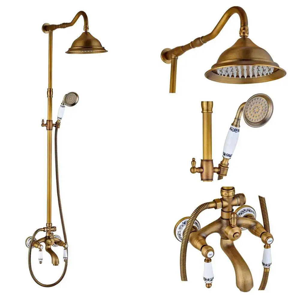 DecorBites™ antique brass shower faucet set with ceramic knobs and decorative spout featuring 8 inch rainfall head