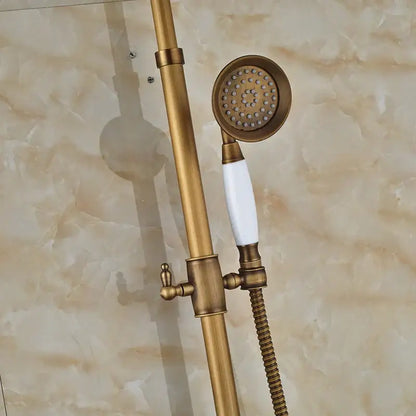 Decorbites™ antique brass shower faucet set with white ceramic handle and circular 8 inch rainfall shower head