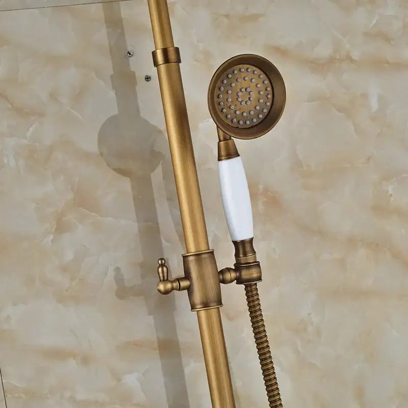 Decorbites™ antique brass shower faucet set with white ceramic handle and circular 8 inch rainfall shower head