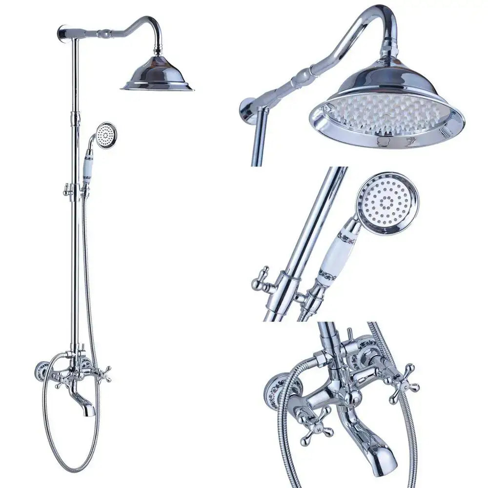 Decorbites vintage style chrome finished shower faucet set with overhead rainhead handheld spray and wall faucet assembly