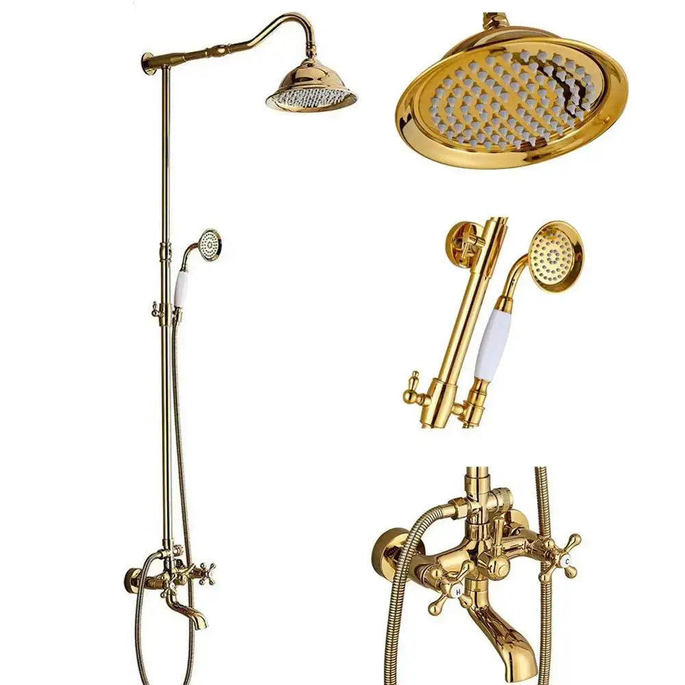 Decorbites™ antique brass shower faucet set with gold-finished brass rainfall head handheld shower and dual-handle faucet