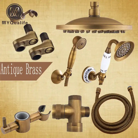 Decorbites antique brass shower faucet set with round rainhead handheld sprayer and ceramic handle faucet set