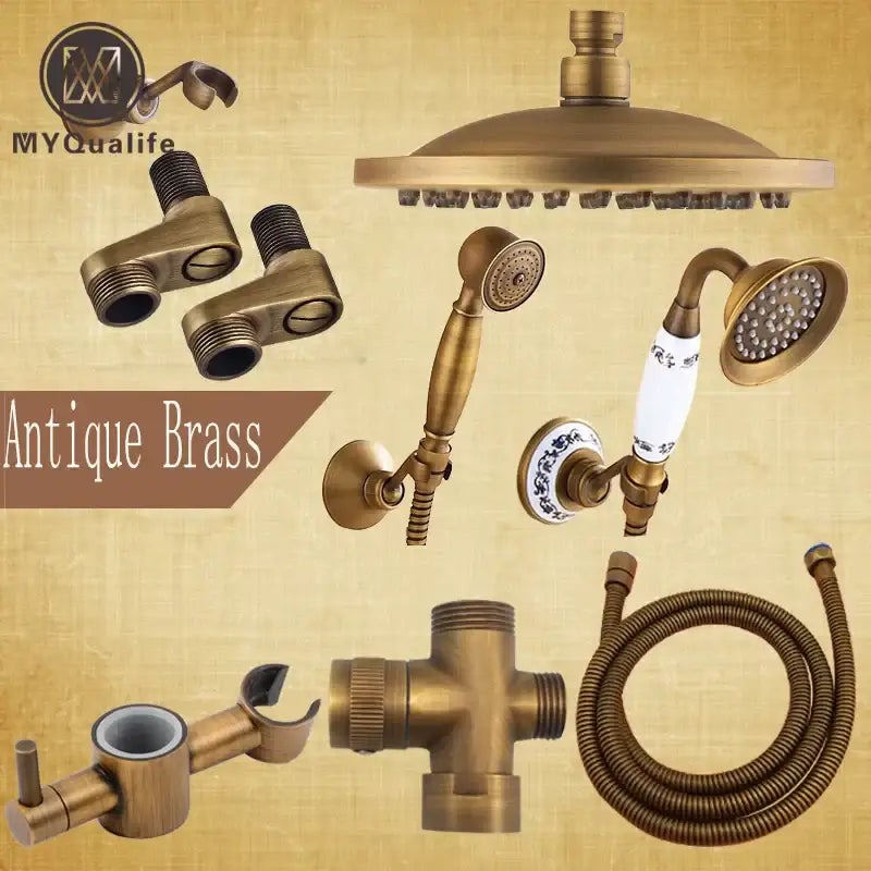 Decorbites antique brass shower faucet set with round rainhead handheld sprayer and ceramic handle faucet set