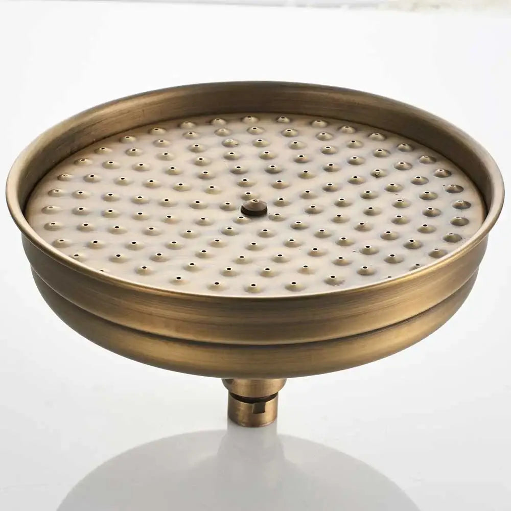 DecorBites™ antique brass shower faucet set with circular rain head featuring textured perforated face and ridged edges