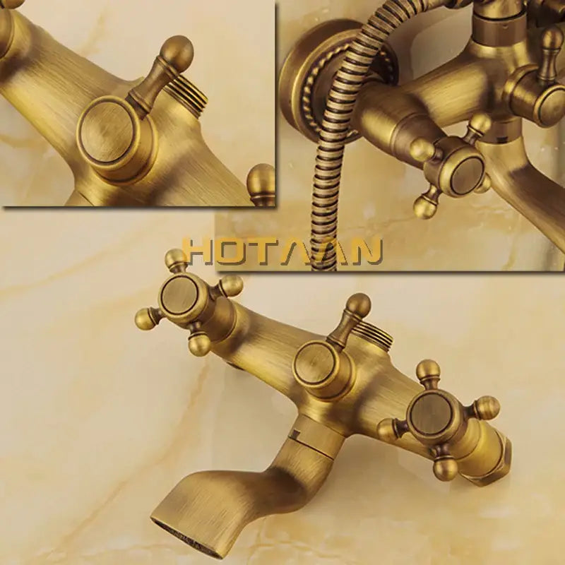 DecorBites antique brass shower faucet set with three-handle vintage design and flexible hose for bathtub use