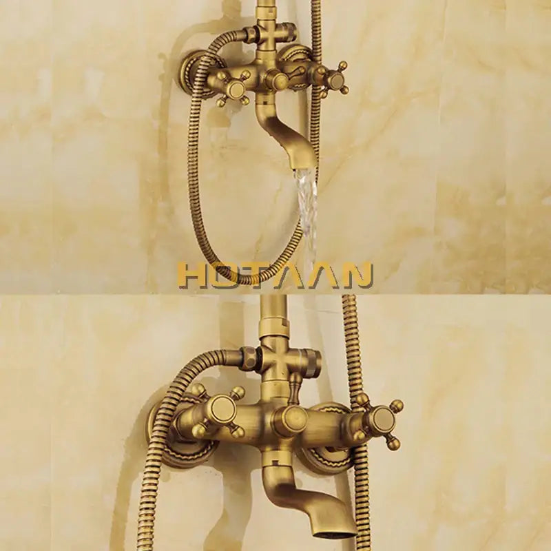 Decorbites™ antique brass shower faucet set with classic cross-handle design and flexible hose in brass finish