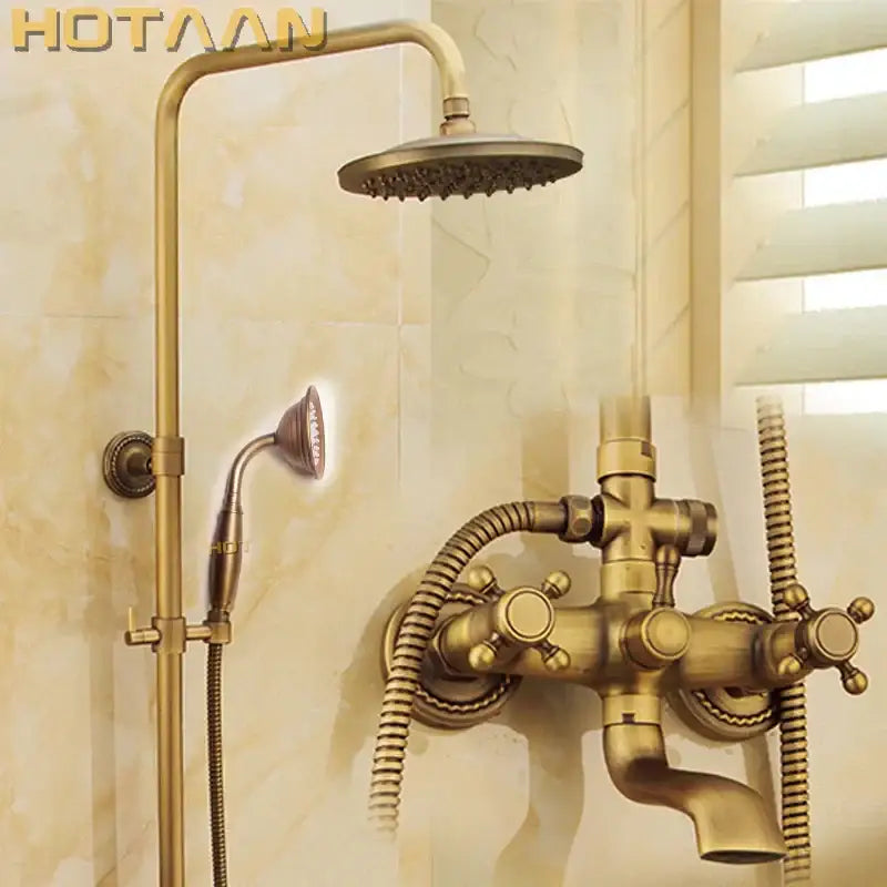 DecorBites antique brass shower faucet set with vintage style rainhead handheld spray and ornate cross-handle valves