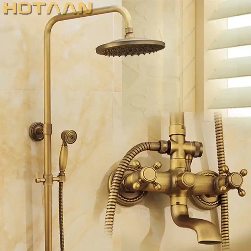 DecorBites™ antique brass shower faucet set with vintage brass finish rainhead and handheld sprayer for bathroom use
