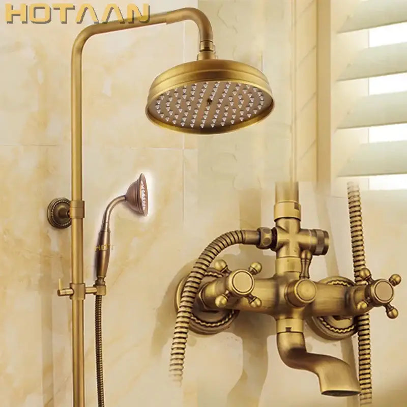 Decorbites antique brass shower faucet set with rainfall shower head and handheld sprayer in hotaan finish