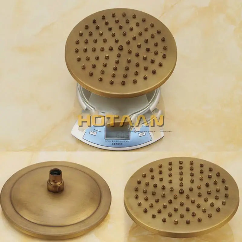 Brass-finished round rainfall showerhead with small nozzles from decorbites™ antique brass shower faucet set