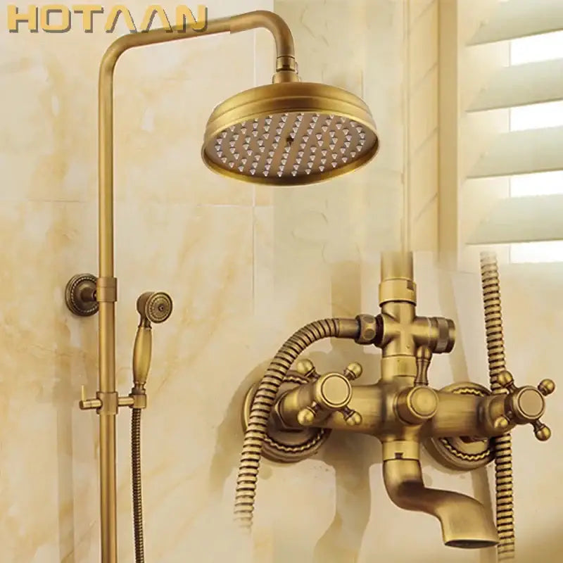Brass-finished vintage-style shower faucet set with round rainhead and dual-handle valve by DecorBites antique brass