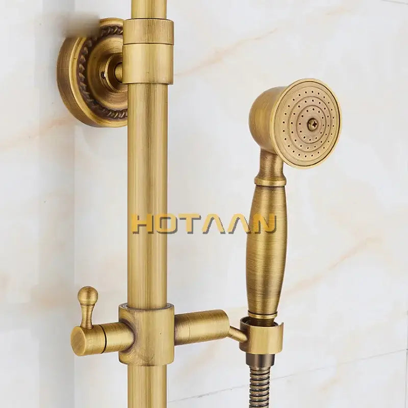 Decorbites antique brass shower faucet set with rainfall mixer valve, 8 inch head, handheld nozzle, and vertical rail