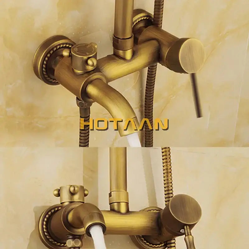 Decorbites™ antique brass shower faucet set with ornate detailing rainfall mixer valve and separate handheld spray hose