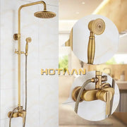 Brass-finished vintage-style shower faucet set with fixed overhead rainhead and handheld spray for bathroom use