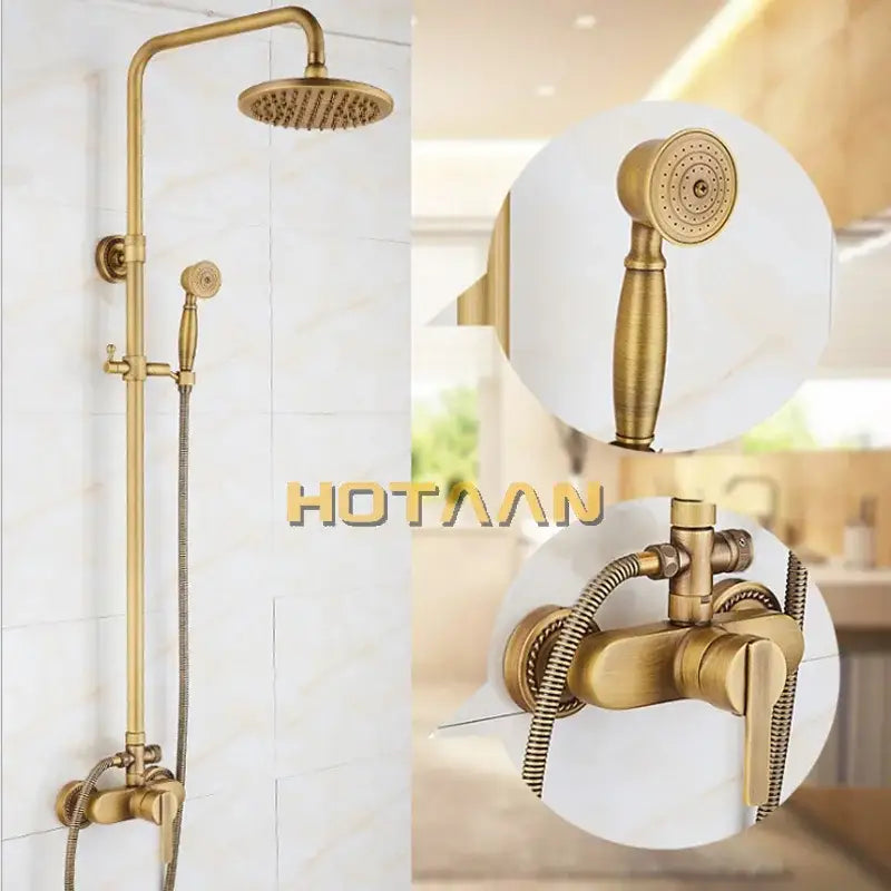 Brass-finished vintage-style shower faucet set with fixed overhead rainhead and handheld spray for bathroom use