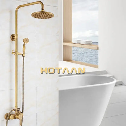 Decorbites™ antique brass shower faucet set with round 8 inch rainhead and handheld nozzle in brass finish