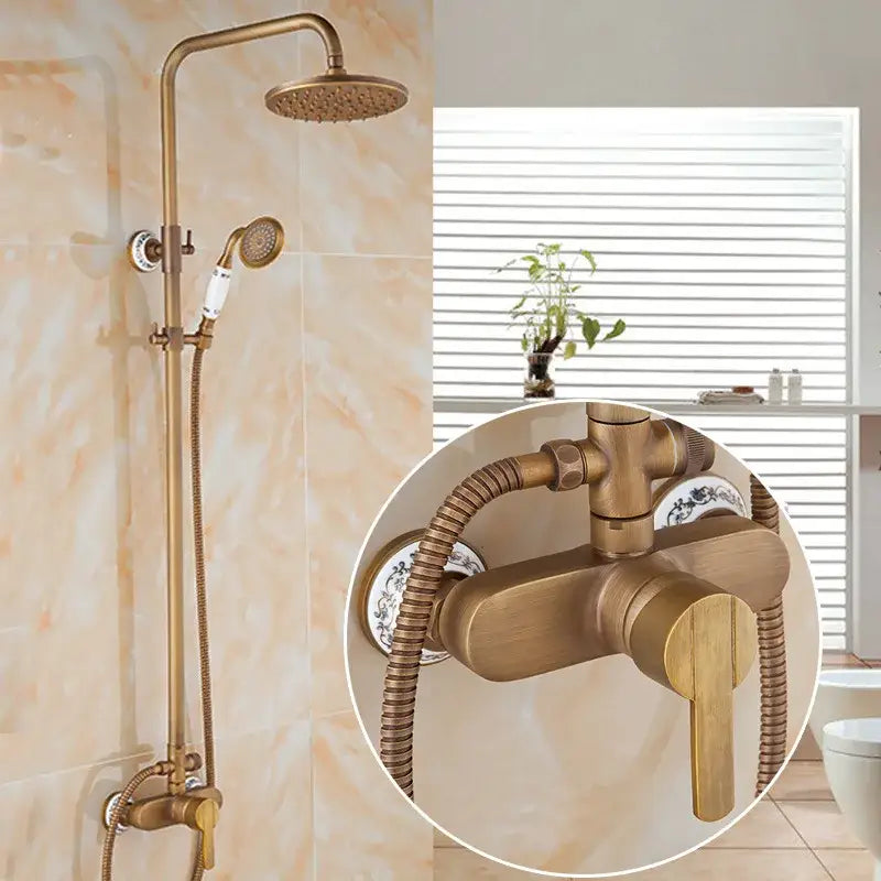 Decorbites antique brass shower faucet set with rainfall mixer valve, 8 inch head, handheld nozzle, and ornate detailing