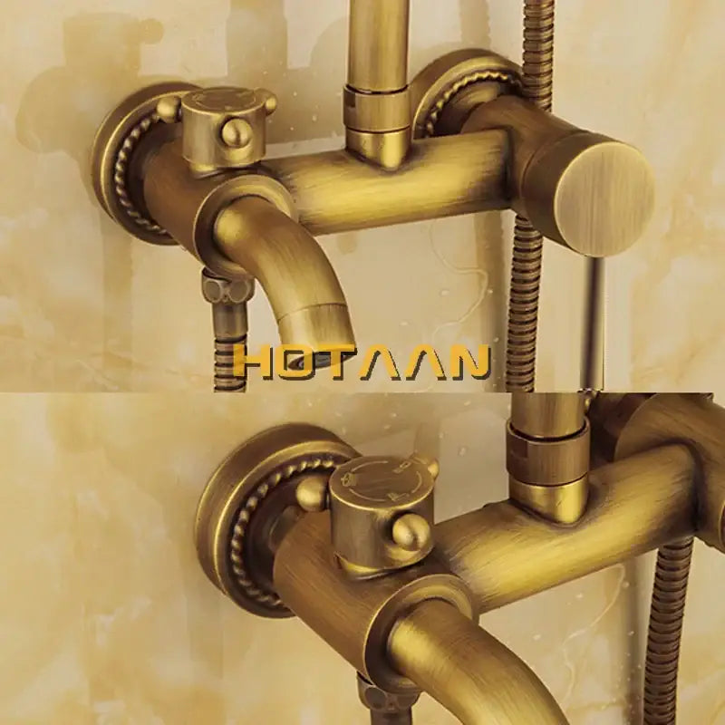 Decorbites™ antique brass shower faucet set with ornate beaded detailing includes rainfall mixer valve and hand shower