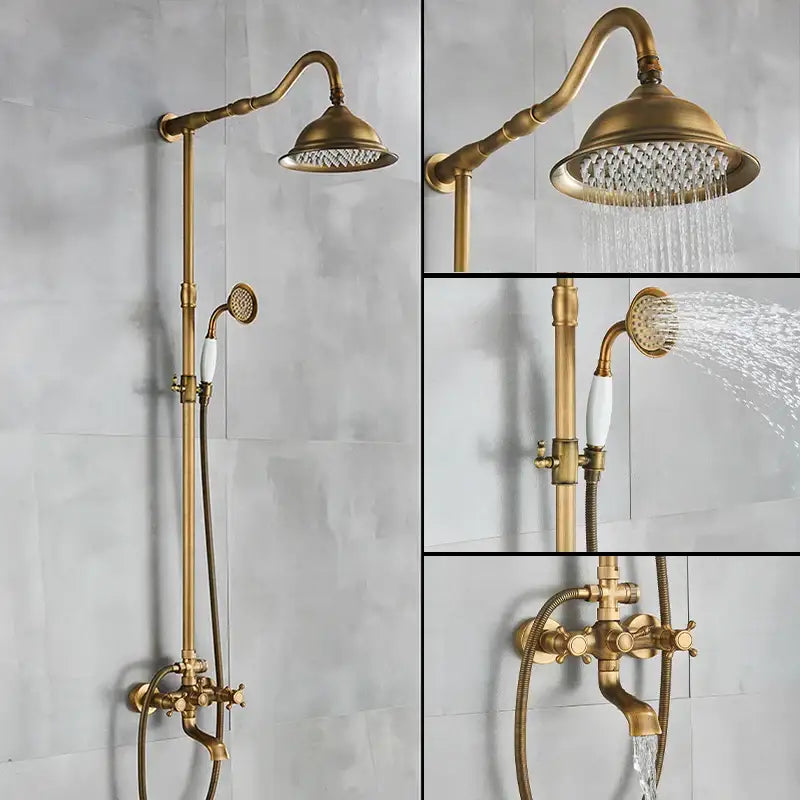 DecorBites™ antique brass shower faucet with brass finish, 8 inch rainfall head, ceramics hand spray, and ornate detailing