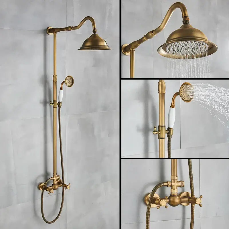 DecorBites antique brass shower faucet with ceramics hand spray and 8 inch rainfall head in vintage brass finish