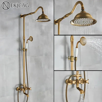 Decorbites antique brass shower faucet with ceramics hand spray and 8 inch rainfall head featuring white ceramic handles