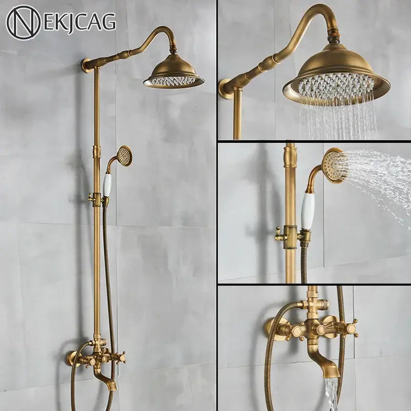 Decorbites antique brass shower faucet with ceramics hand spray and 8 inch rainfall head featuring white ceramic handles
