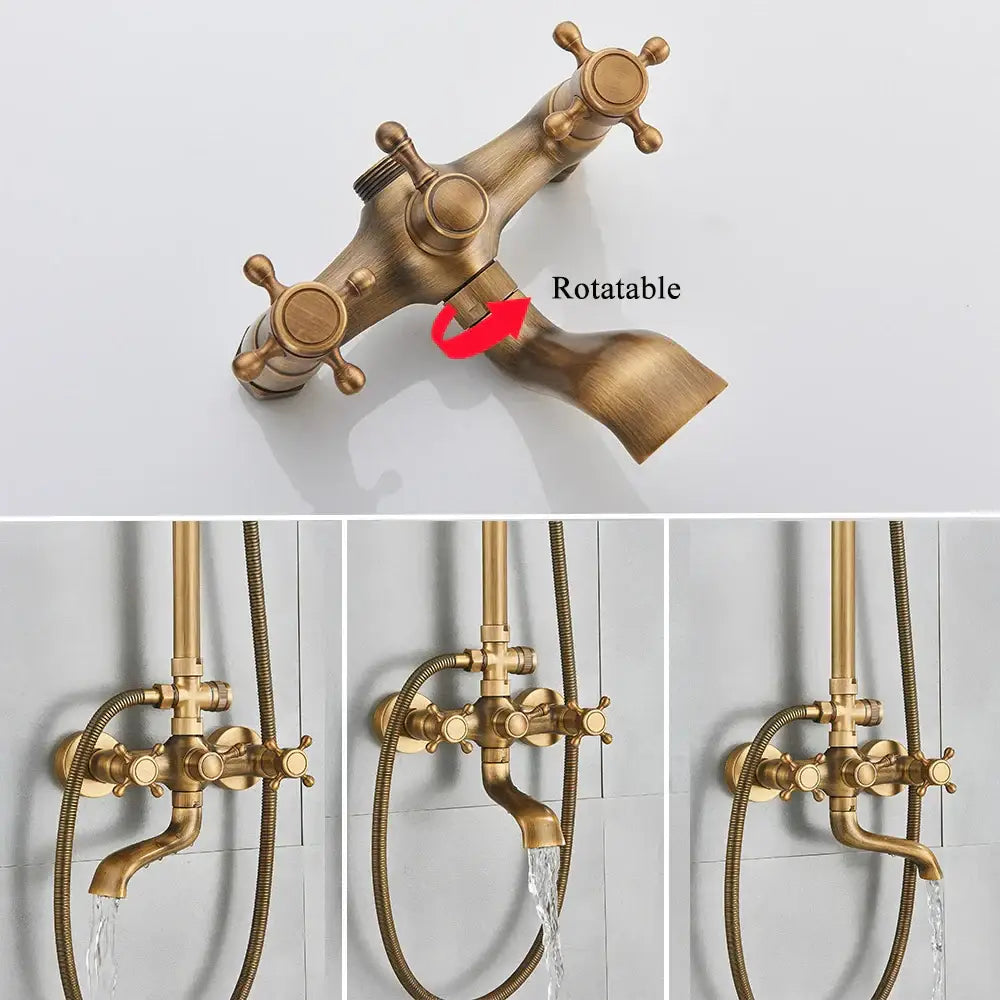 DecorBites antique brass shower faucet with three handles rotatable spout and matching wall-mounted brass shower faucet fixtures