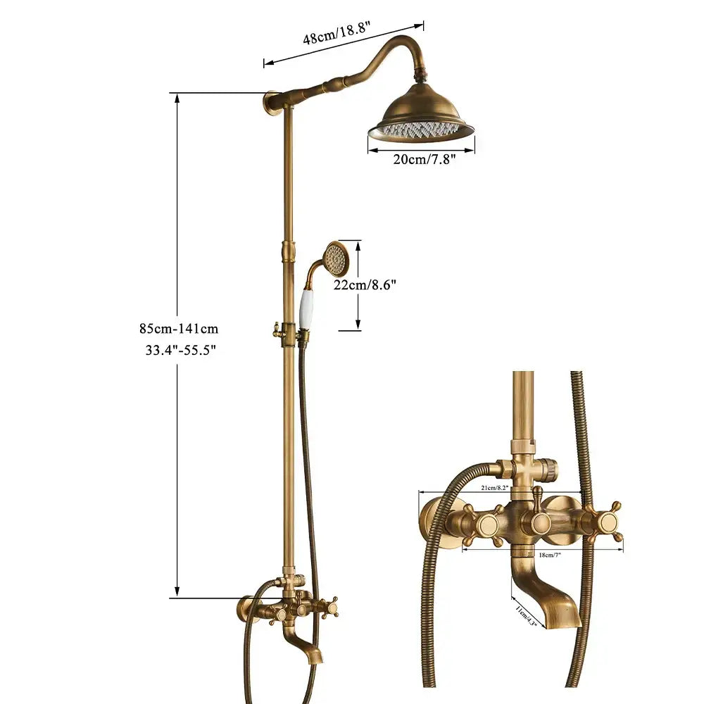 Decorbites antique brass shower faucet with ceramics hand spray and 8 inch rainfall head in brass finish