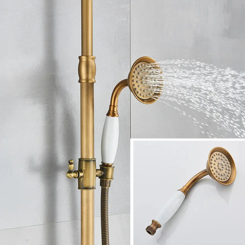 DecorBites antique brass shower faucet with a ceramic handle and matching adjustable hose in antique brass finish