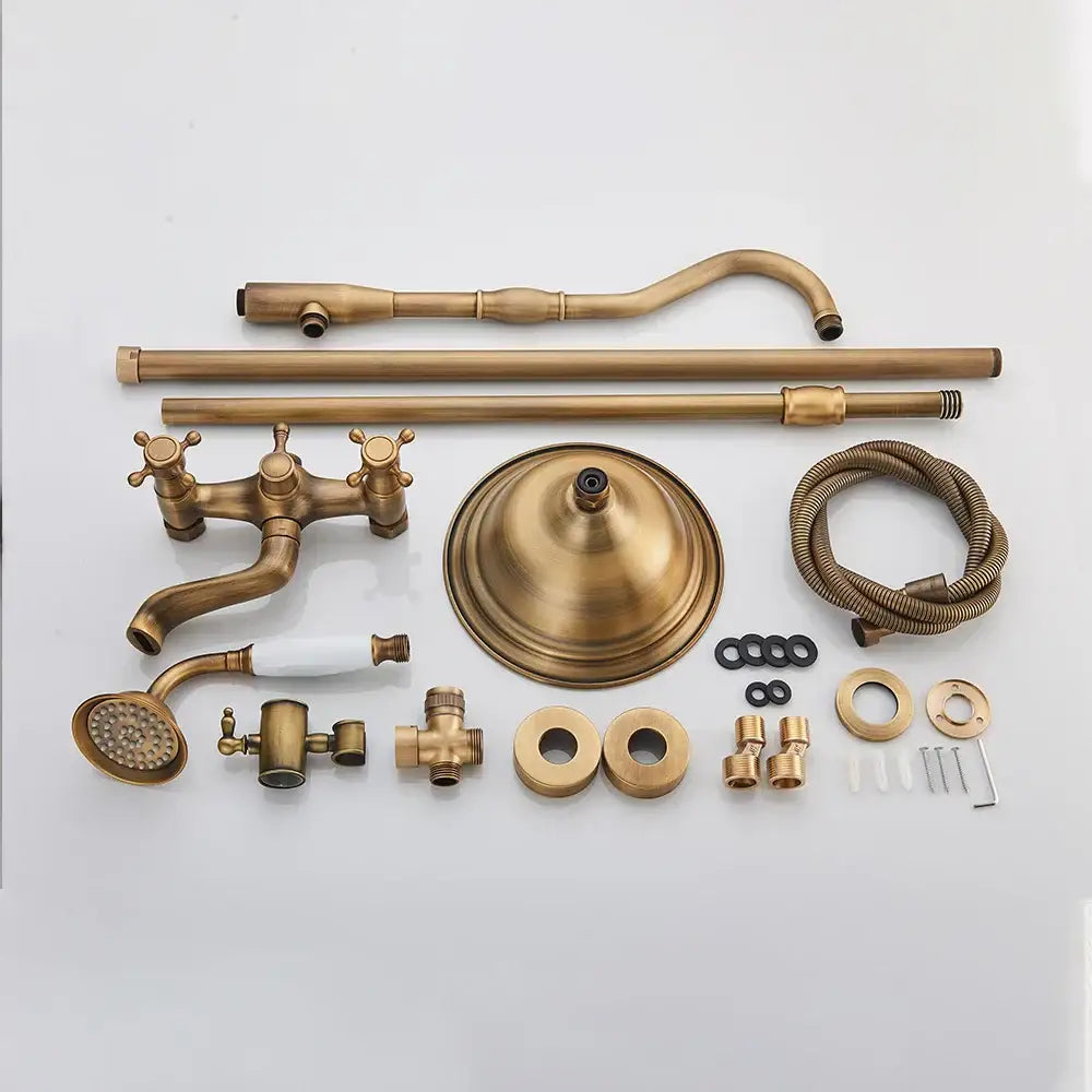 DecorBites antique brass shower faucet with ceramics hand spray and 8-inch rainfall head in a brass shower faucet kit