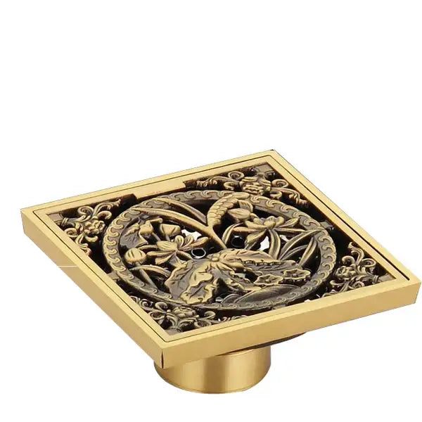 Decorbites™ antique brass shower floor drain 10cm square waste strainer cover with intricate floral vintage design
