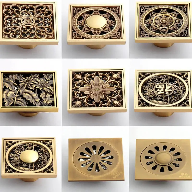 Decorbites antique brass shower floor drain 10cm square waste strainer cover with gold floral geometric metalwork