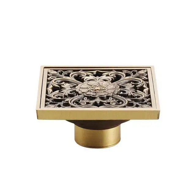 Square antique brass floor drain cover with intricate floral engraving for antique brass shower waste strainer