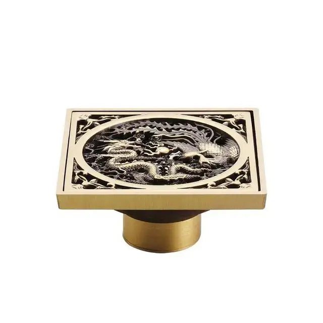 Decorbites antique brass shower floor drain 10cm square waste strainer cover with intricately carved dragon design