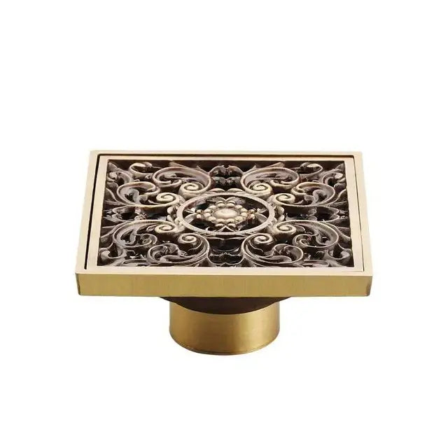 Decorbites antique brass shower floor drain 10cm square waste strainer cover with intricate scrollwork design