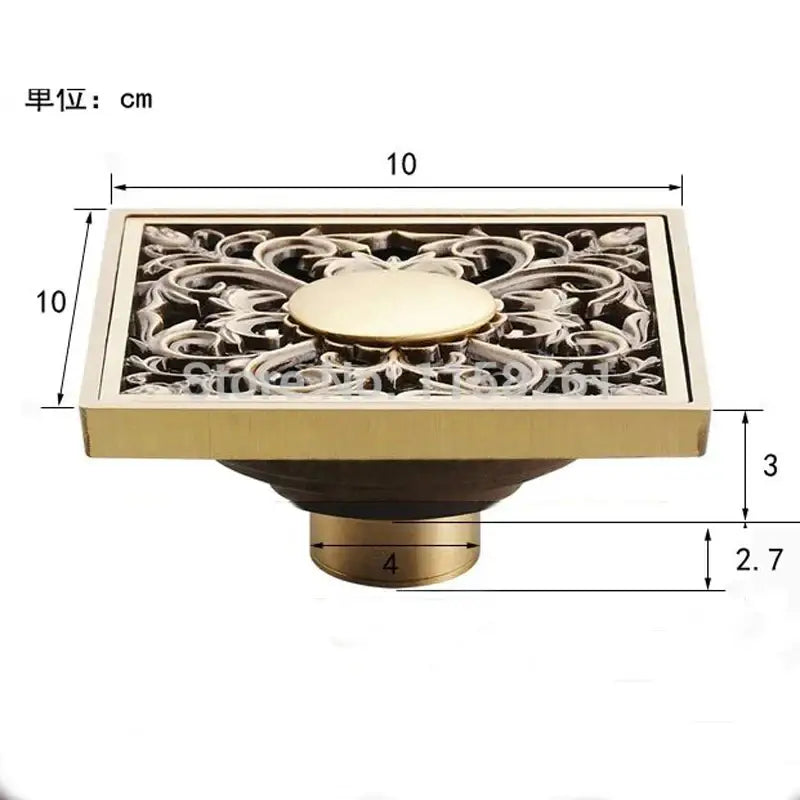 Decorbites™ antique brass shower floor drain 10cm square waste strainer cover grate with ornate floral engraving and circular flusher